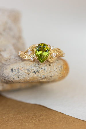 Natural peridot engagement ring, gold vines and leaves ring with accent diamonds  / Patricia - Eden Garden Jewelry™