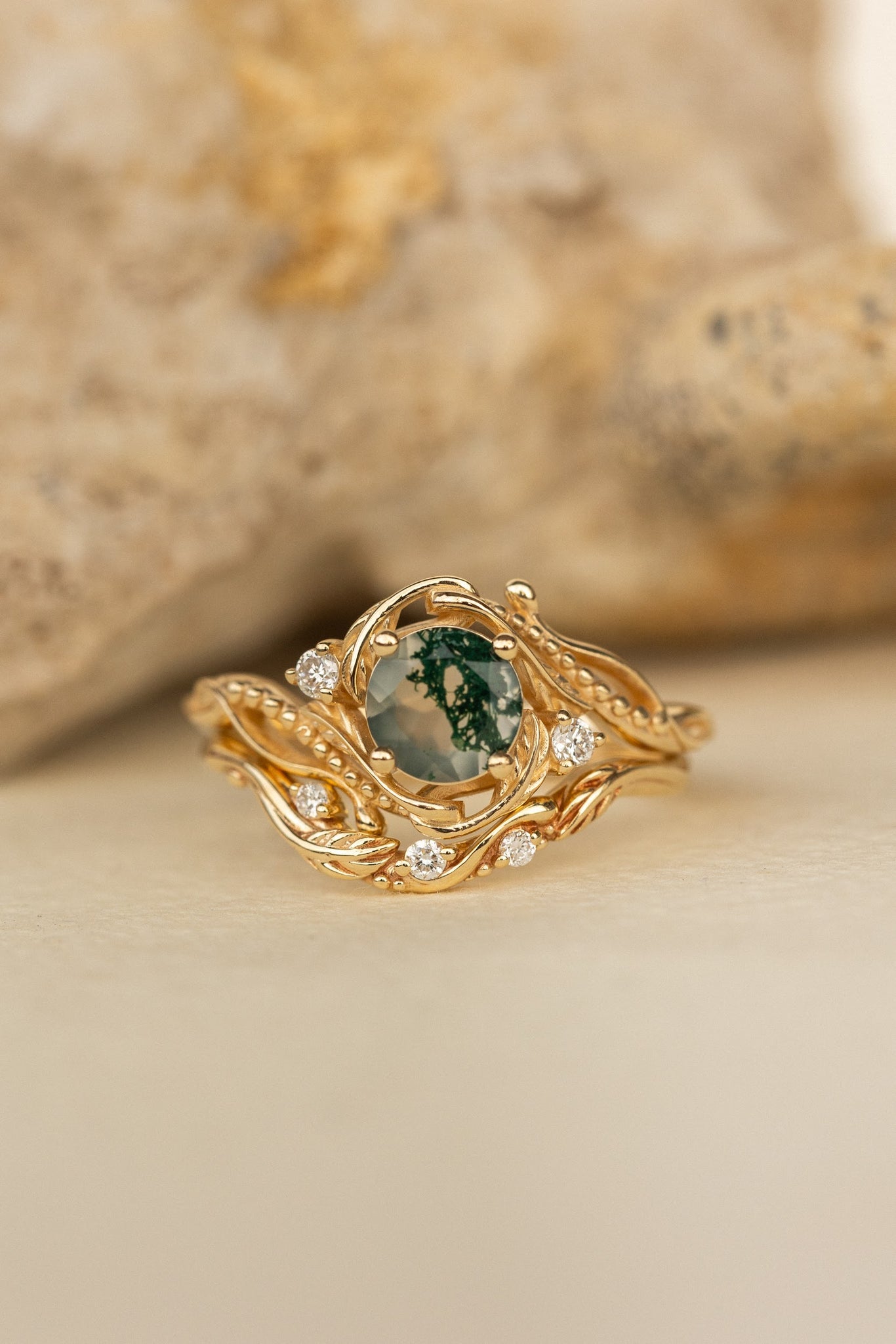 Gold bridal ring set with natural round moss agate and accent diamonds / Undina - Eden Garden Jewelry™