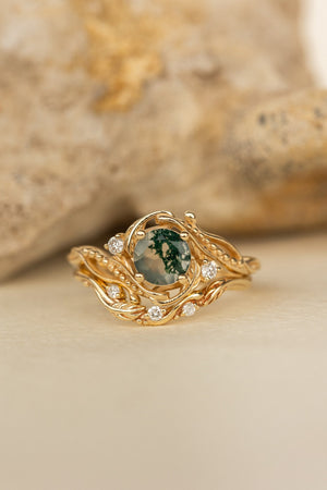 Bridal ring set in rose gold with natural round moss agate and accent diamonds / Undina - Eden Garden Jewelry™