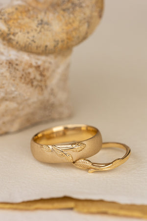 Wedding rings set for couples: satin band with branch for him, curved twig ring Azalea for her - Eden Garden Jewelry™