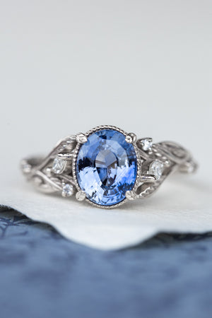 Natural blue sapphire engagement ring, gold leaves and diamonds promise ring / Patricia - Eden Garden Jewelry™