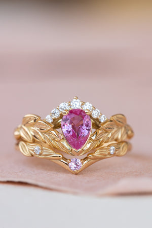 Genuine pink sapphire engagement ring set, gold palm leaves bridal ring set / Palmira Crown - Eden Garden Jewelry™