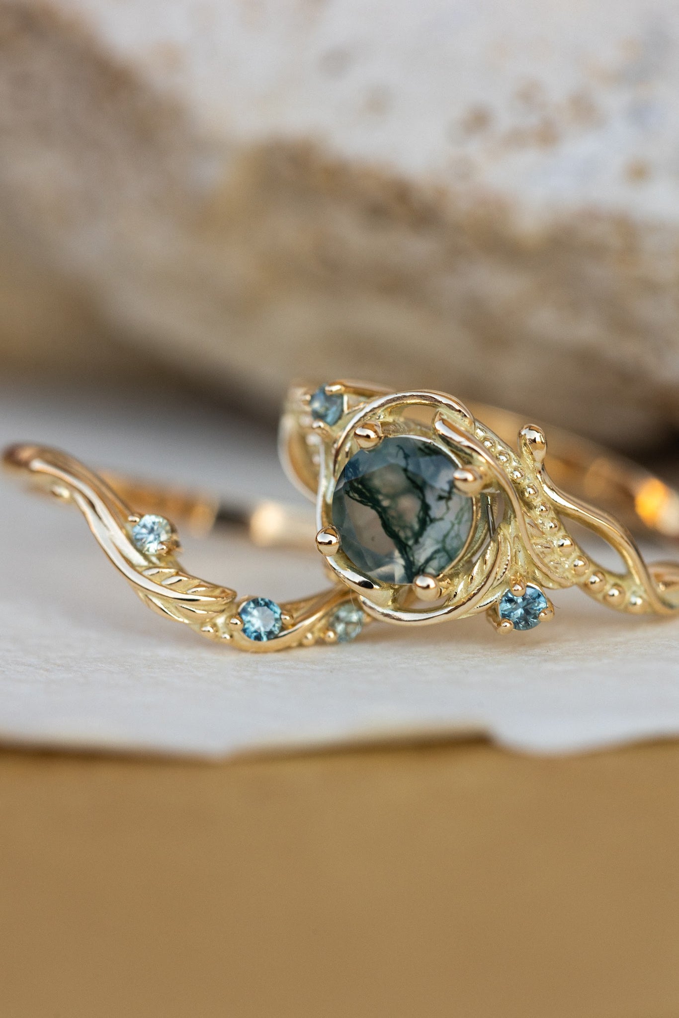 1 carat moss agate and accent teal sapphires engagement ring set, nature inspired bridal ring set / Undina - Eden Garden Jewelry™