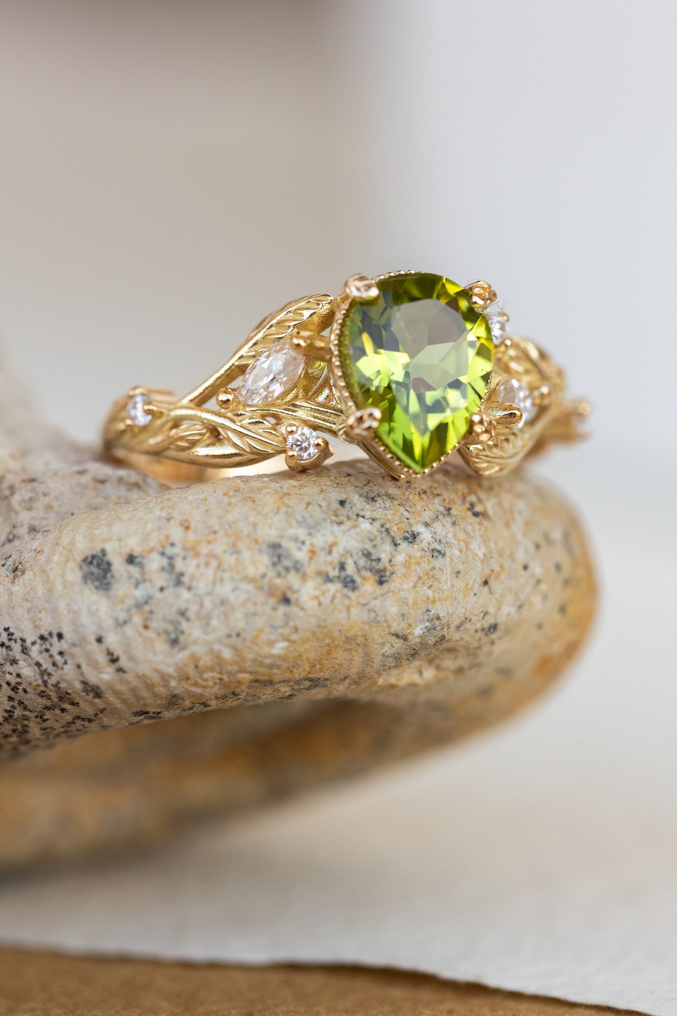 Natural peridot engagement ring, gold vines and leaves ring with accent diamonds  / Patricia - Eden Garden Jewelry™