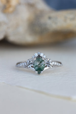 Rutile moss agate engagement ring, diamond crown proposal ring with moss agate / Amelia - Eden Garden Jewelry™