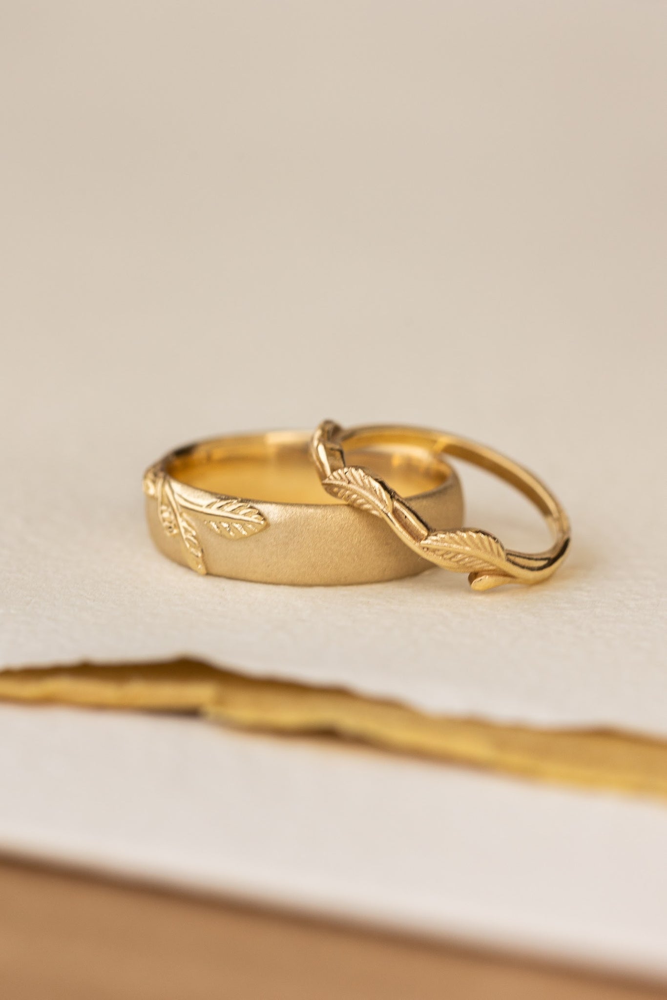 Wedding rings set for couples: satin band with branch for him, curved twig ring Azalea for her - Eden Garden Jewelry™