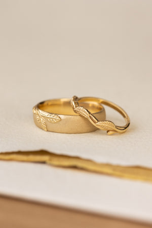 Wedding rings set for couples: satin band with branch for him, curved twig ring Azalea for her - Eden Garden Jewelry™