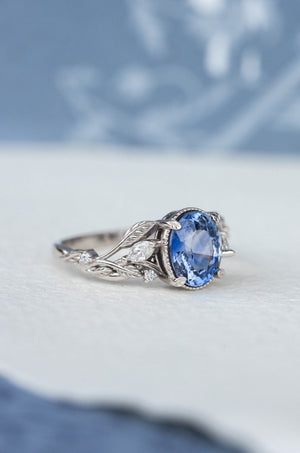 READY TO SHIP: Patricia ring in 14K white gold, natural blue sapphire 8x6 mm, accent natural diamonds, AVAILABLE RING SIZES: 6-8US - Eden Garden Jewelry™