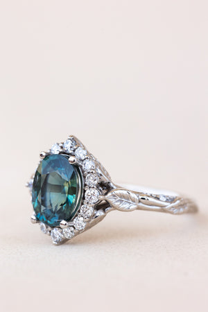 READY TO SHIP: Florentina ring in 14K white gold, natural teal sapphire oval cut 8x6 mm, accent lab grown diamonds, RING SIZE: 4.5 - 7.5 US