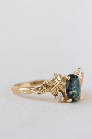 READY TO SHIP: Vineyard engagement ring in 14K yellow gold, oval moss agate, accents lab grown diamonds, RING SIZE: 5.5 - 8.5 US