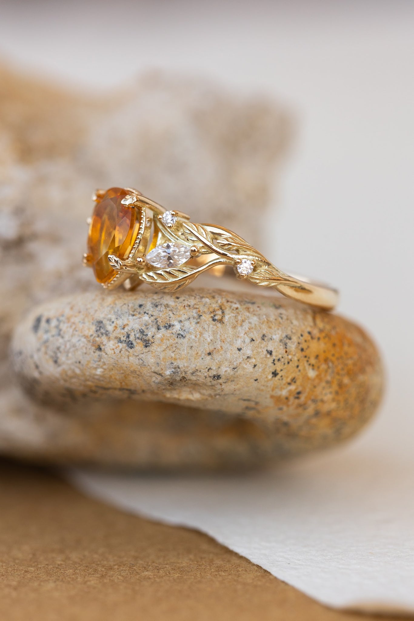 Natural citrine engagement ring, promise ring with leaves and diamonds / Patricia - Eden Garden Jewelry™