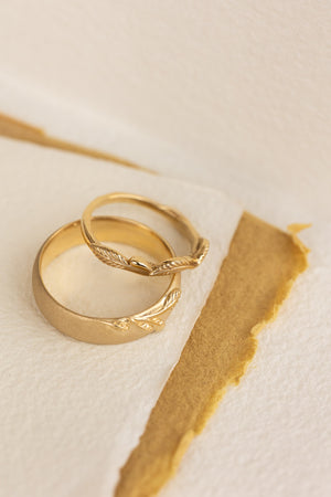 Wedding rings set for couples: satin band with branch for him, curved twig ring Azalea for her - Eden Garden Jewelry™