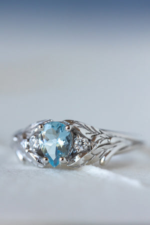 Natural aquamarine engagement ring, white gold leaf ring with accent diamonds / Wisteria - Eden Garden Jewelry™