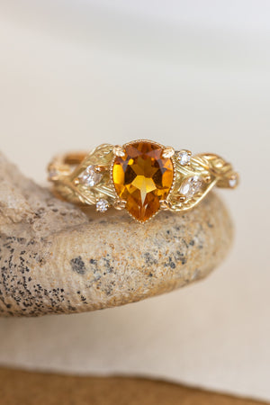 Natural citrine engagement ring, promise ring with leaves and diamonds / Patricia - Eden Garden Jewelry™