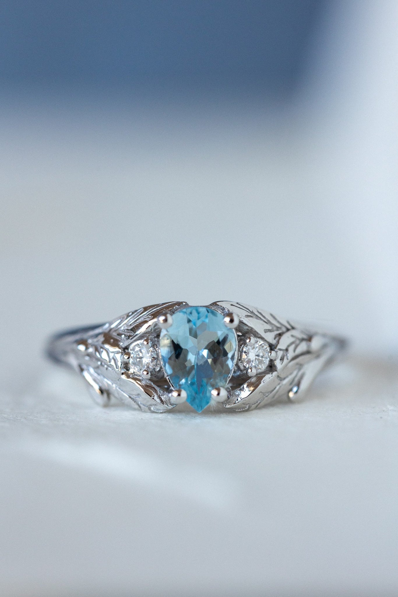 Natural aquamarine engagement ring, white gold leaf ring with accent diamonds / Wisteria - Eden Garden Jewelry™