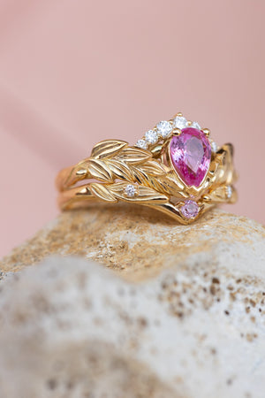 Pink sapphire and diamond crown engagement ring, rose gold leaves ring with diamonds / Palmira Crown - Eden Garden Jewelry™