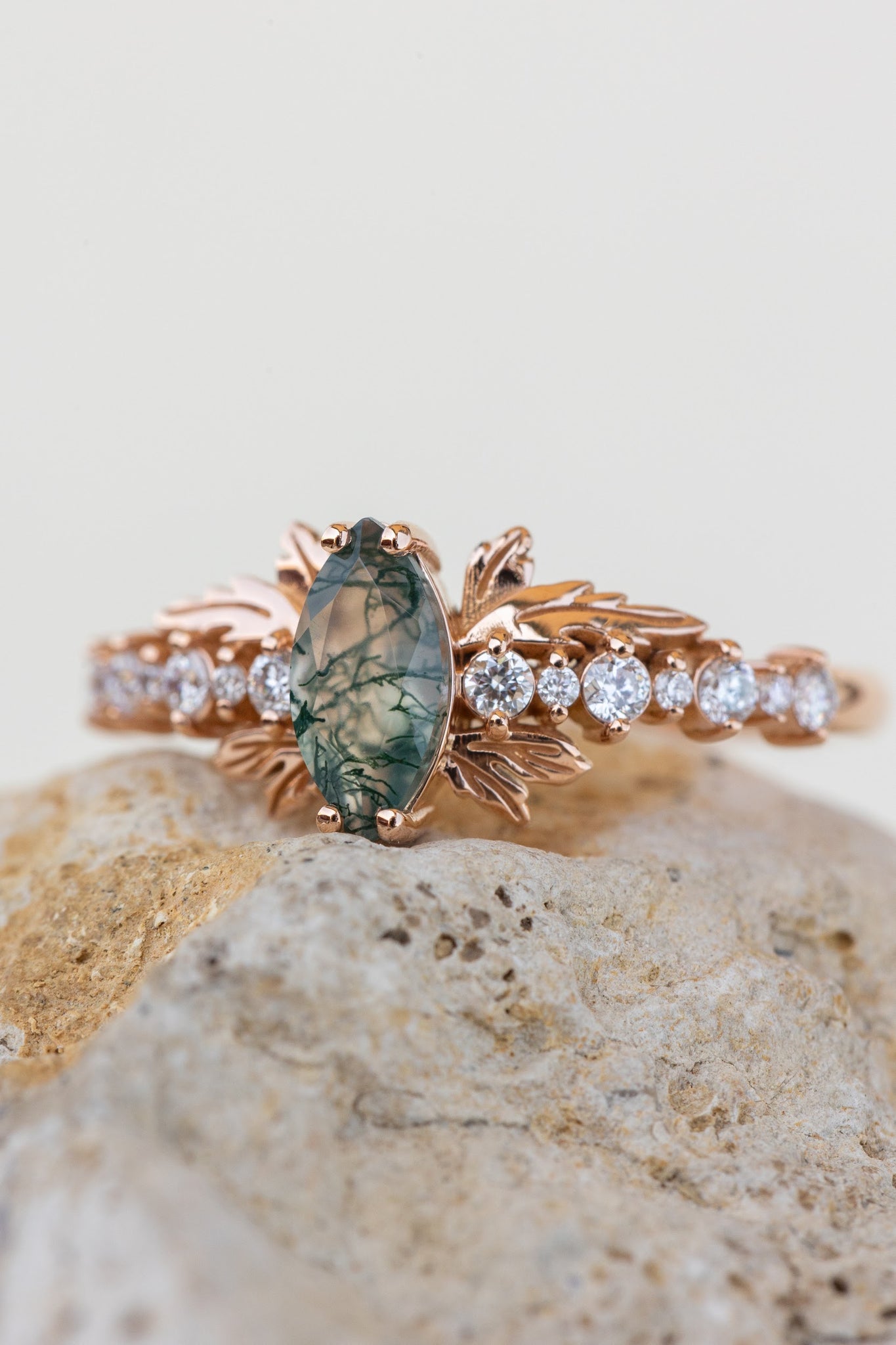 READY TO SHIP: Verbena ring in 14K rose gold, natural moss agate marquise cut 8x4 mm, accents lab grown diamonds, RING SIZE: 5.5 - 8.5 US