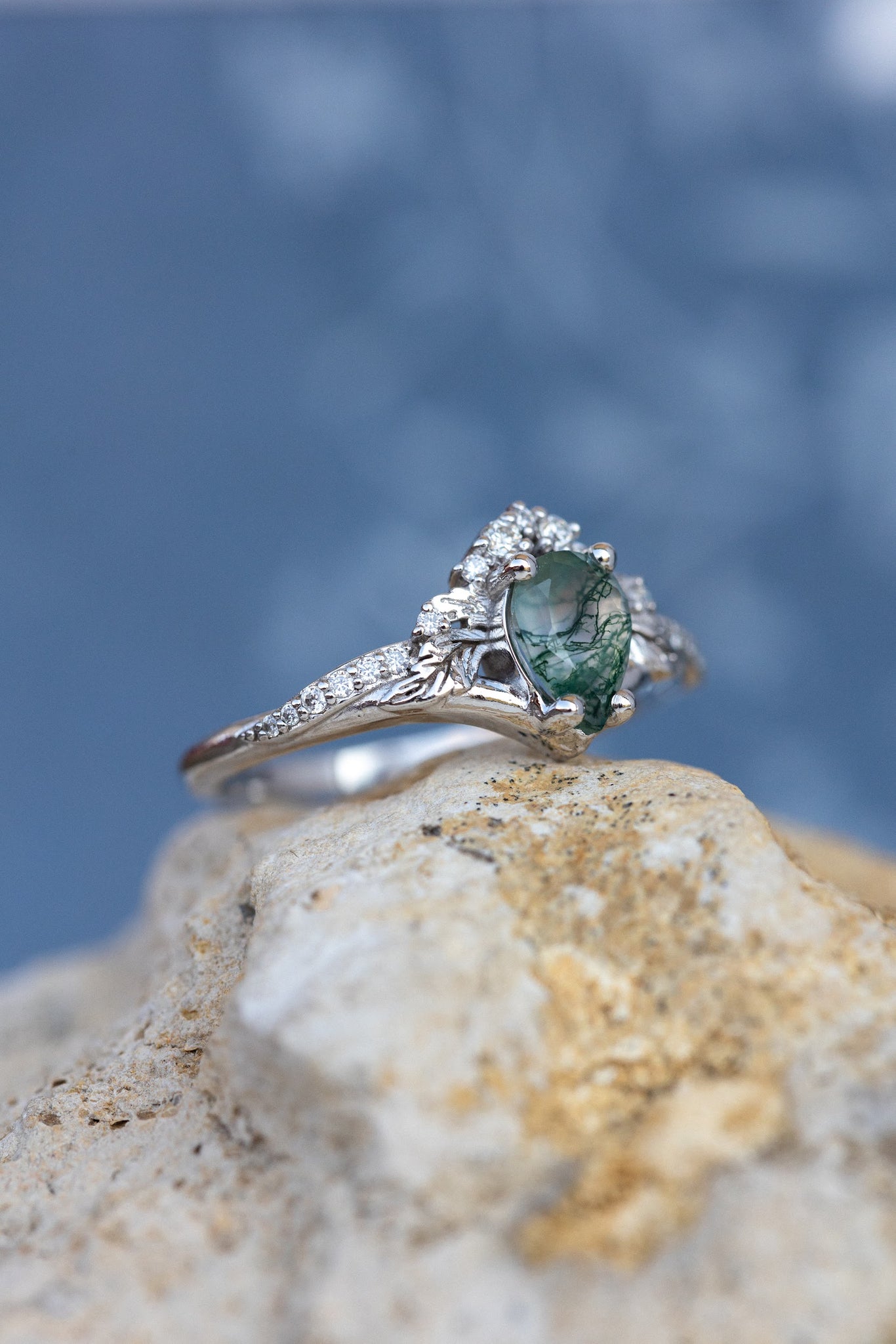 Rutile moss agate engagement ring, diamond crown proposal ring with moss agate / Amelia - Eden Garden Jewelry™