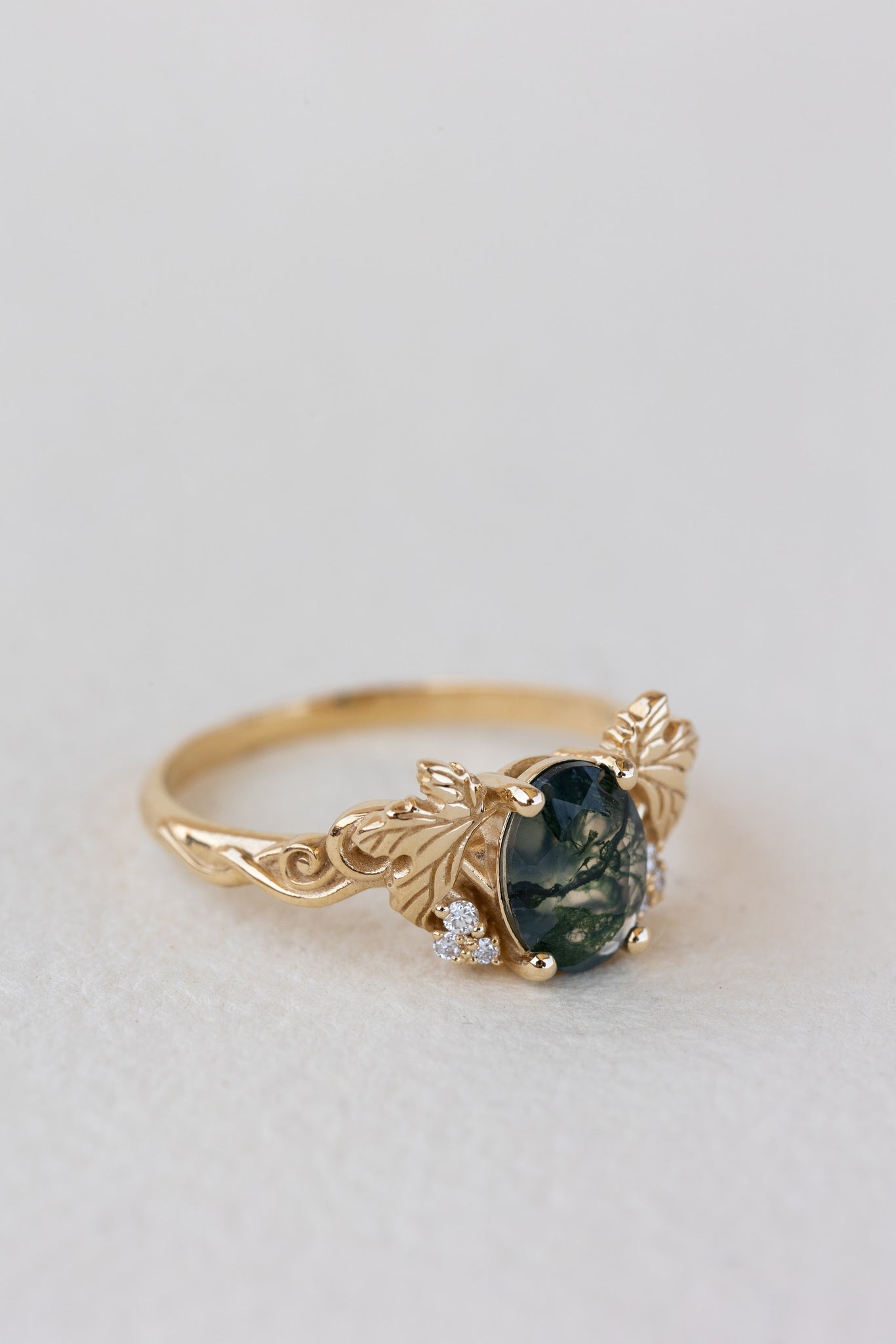 READY TO SHIP: Vineyard engagement ring in 14K yellow gold, oval moss agate, accents lab grown diamonds, RING SIZE: 5.5 - 8.5 US