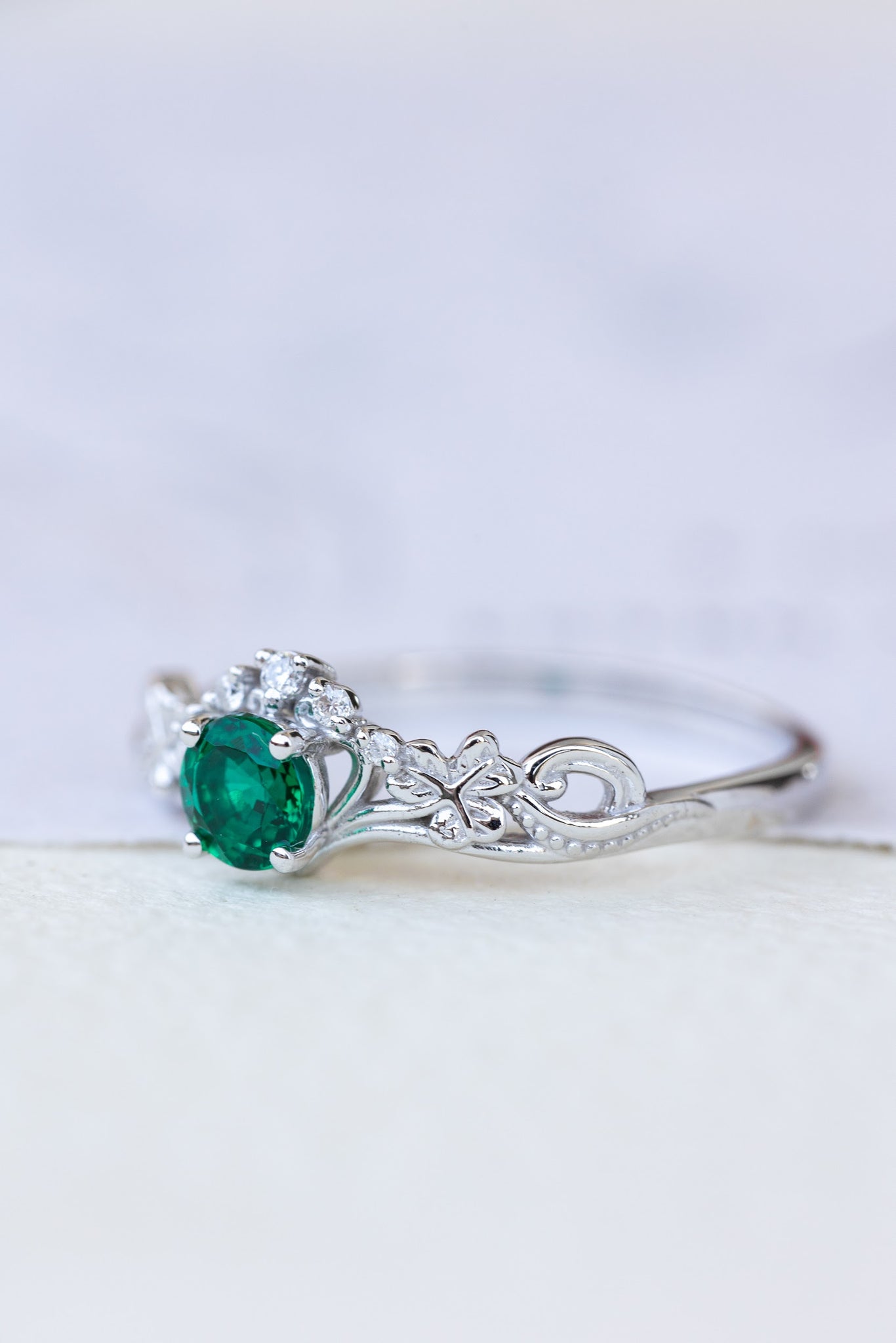 Lab created emerald engagement ring, celtic proposal ring with diamonds / Horta - Eden Garden Jewelry™