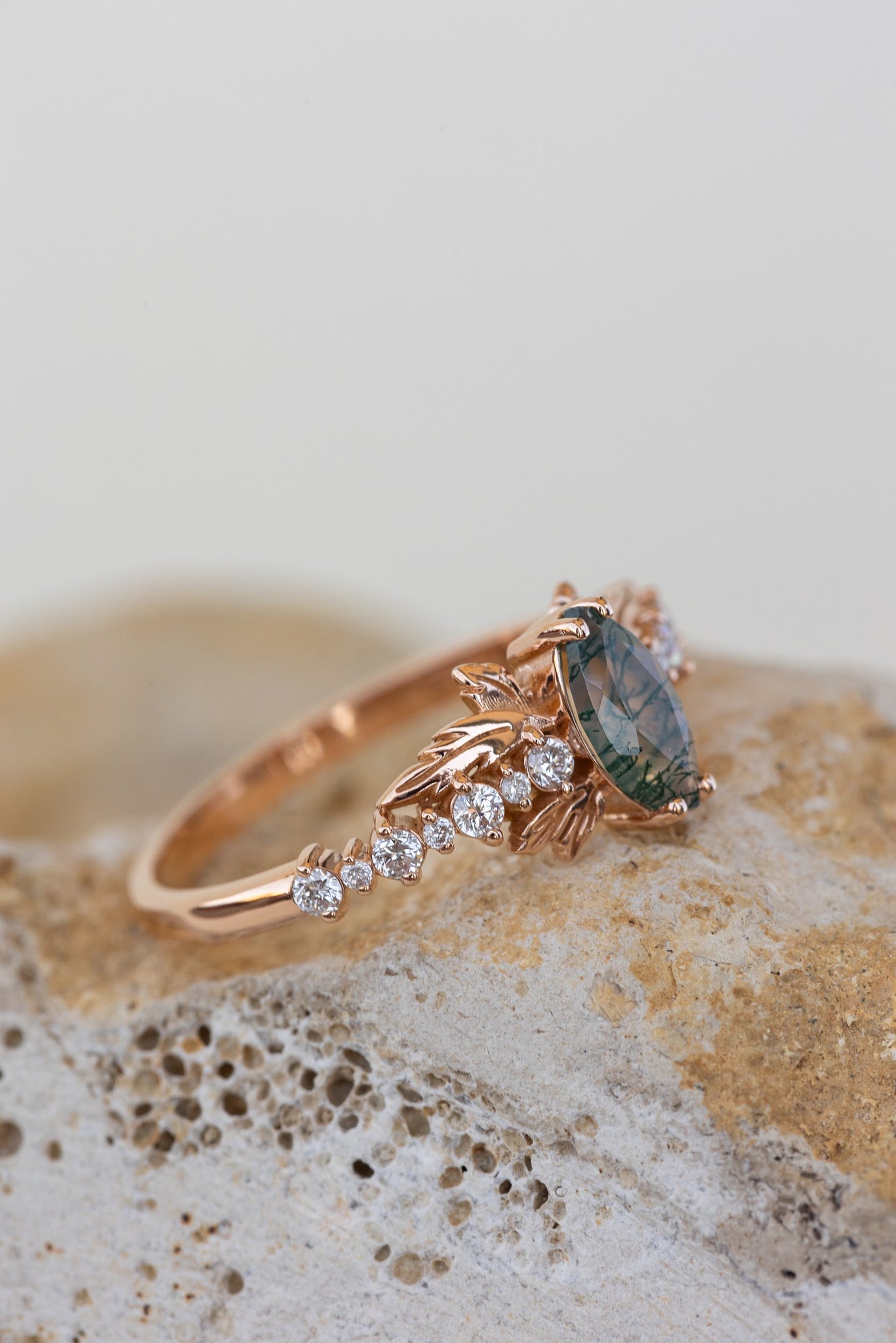 READY TO SHIP: Verbena ring in 14K rose gold, natural moss agate marquise cut 8x4 mm, accents lab grown diamonds, RING SIZE: 5.5 - 8.5 US