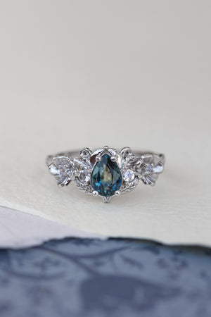 Teal sapphire and accent moonstones engagement ring, floral baroque style ring / Adelina - Eden Garden Jewelry™