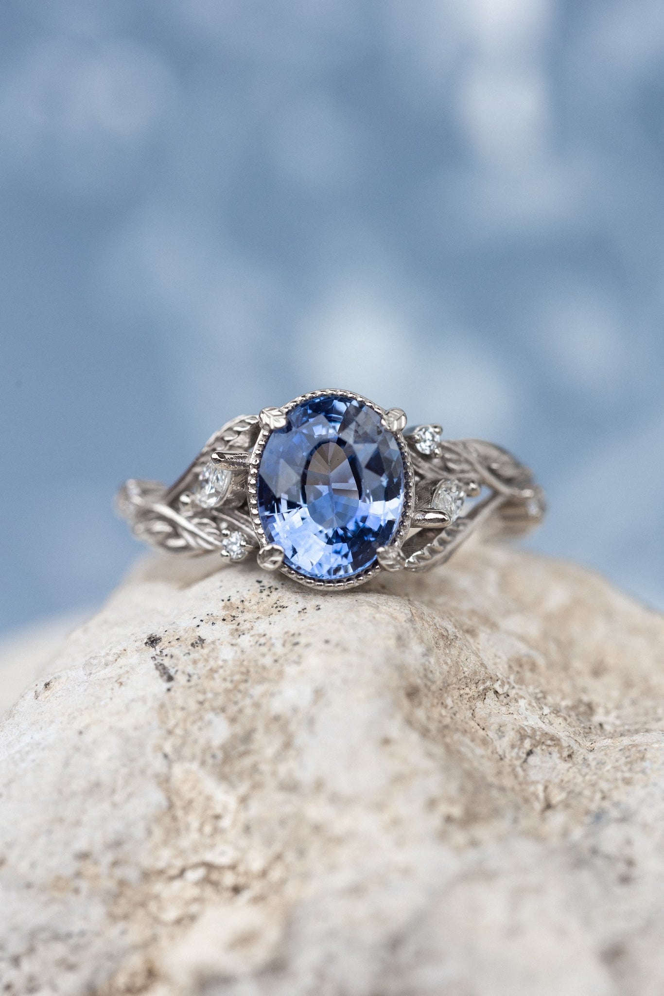 READY TO SHIP: Patricia ring in 14K white gold, natural blue sapphire 8x6 mm, accent natural diamonds, AVAILABLE RING SIZES: 6-8US - Eden Garden Jewelry™