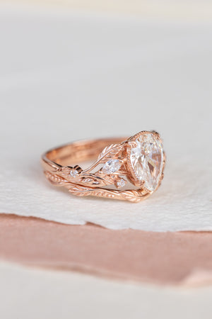 Nature themed bridal ring set with lab grown diamond, ethical diamond engagement ring set / Patricia - Eden Garden Jewelry™