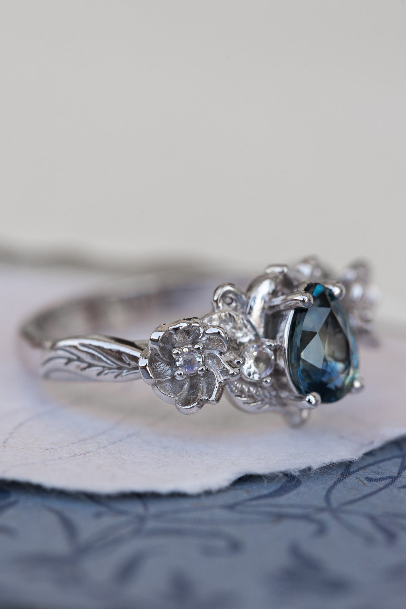 Teal sapphire and accent moonstones engagement ring, floral baroque style ring / Adelina - Eden Garden Jewelry™