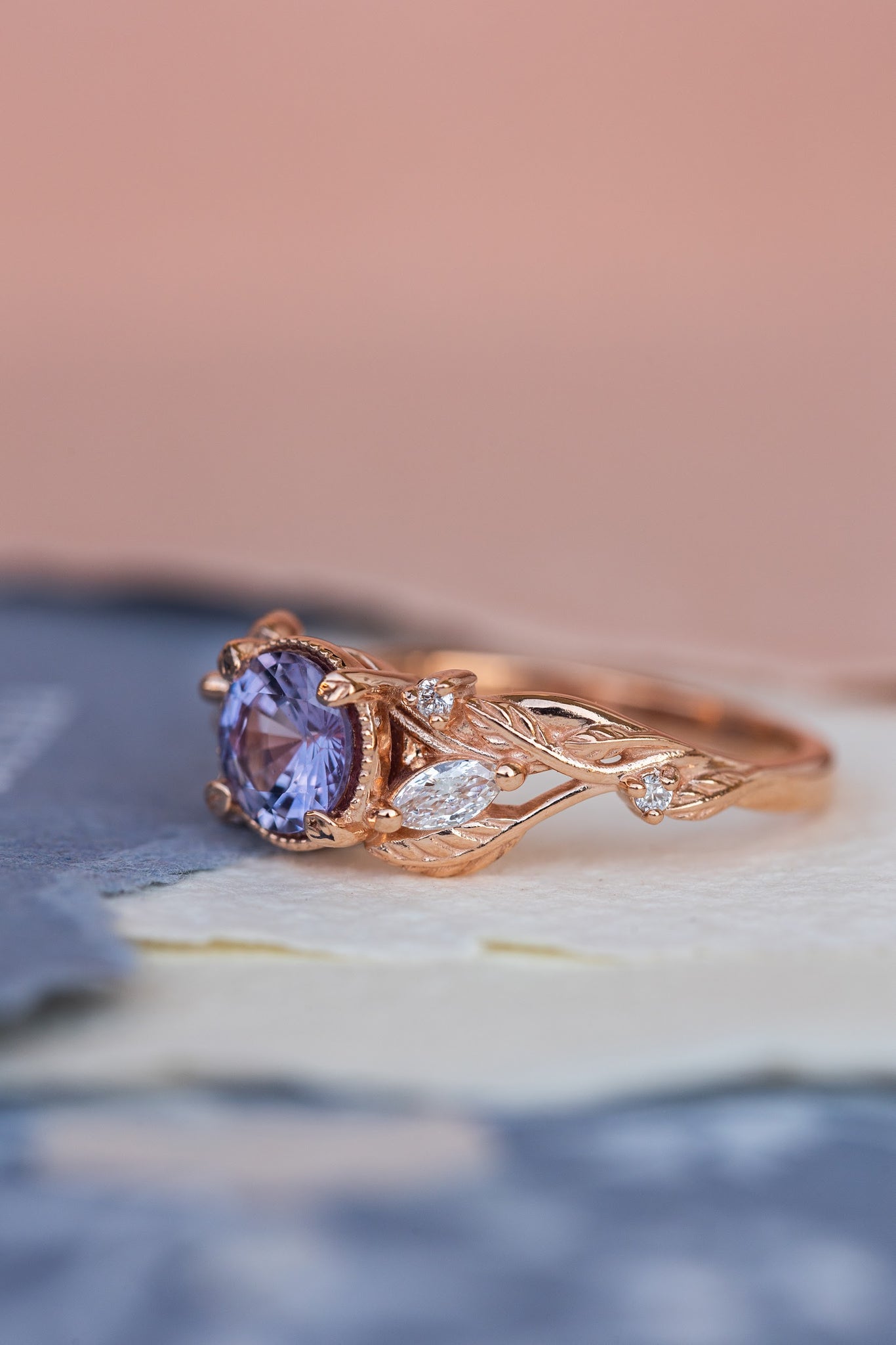 Natural purple sapphire engagement ring, rose gold engagement ring with accent diamonds / Patricia - Eden Garden Jewelry™