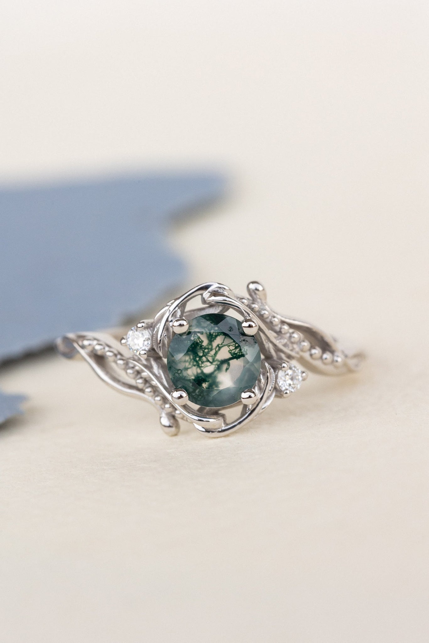 Rose gold engagement ring with moss agate and diamond accents / Undina - Eden Garden Jewelry™