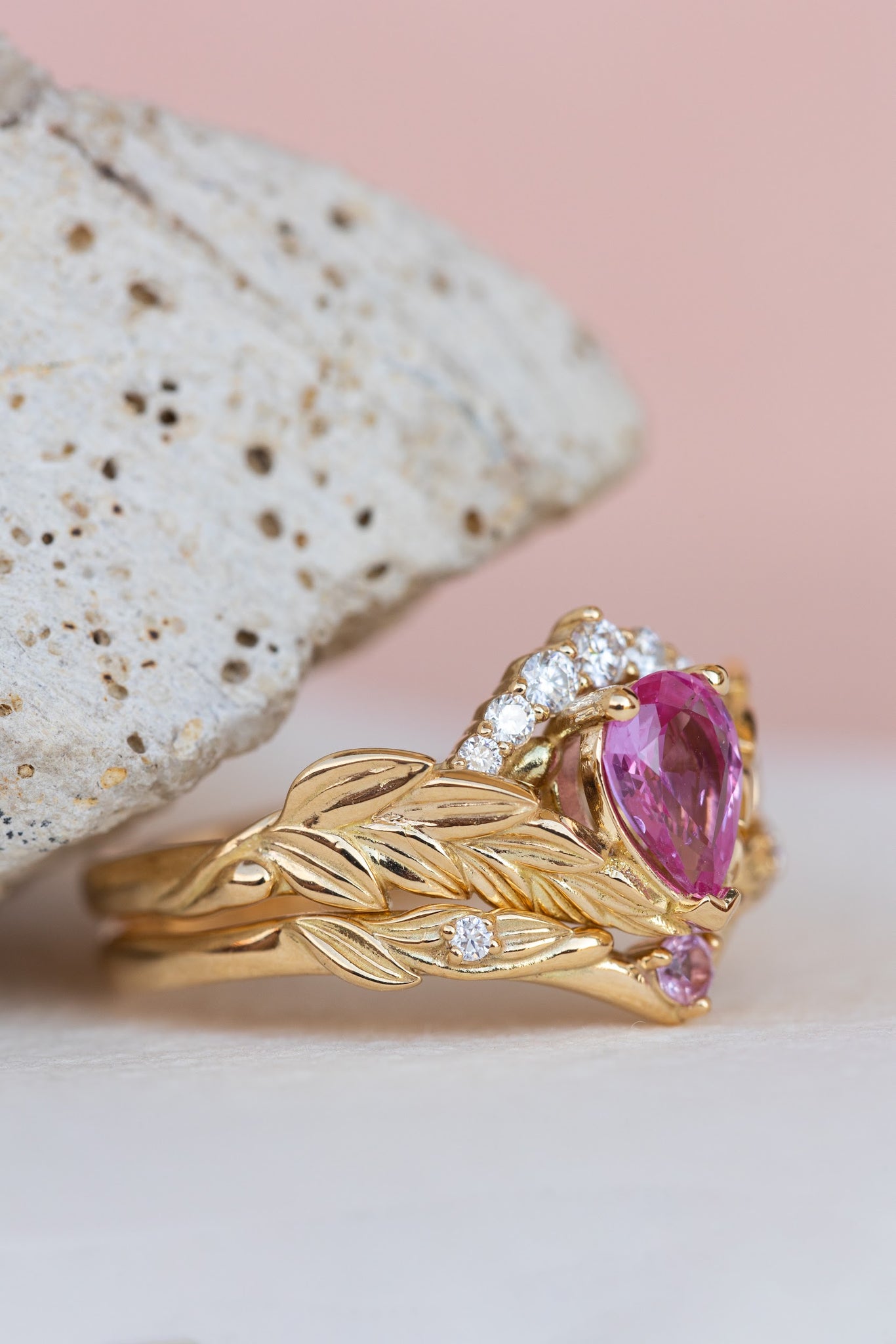 Pink sapphire and diamond crown engagement ring, rose gold leaves ring with diamonds / Palmira Crown - Eden Garden Jewelry™