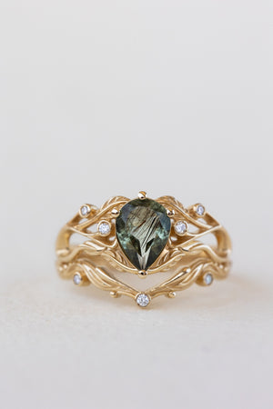 READY TO SHIP: Callisto bridal ring set in 14K yellow gold, unique rutile peridot and accent lab grown diamonds, RING SIZE 5 - 8 US