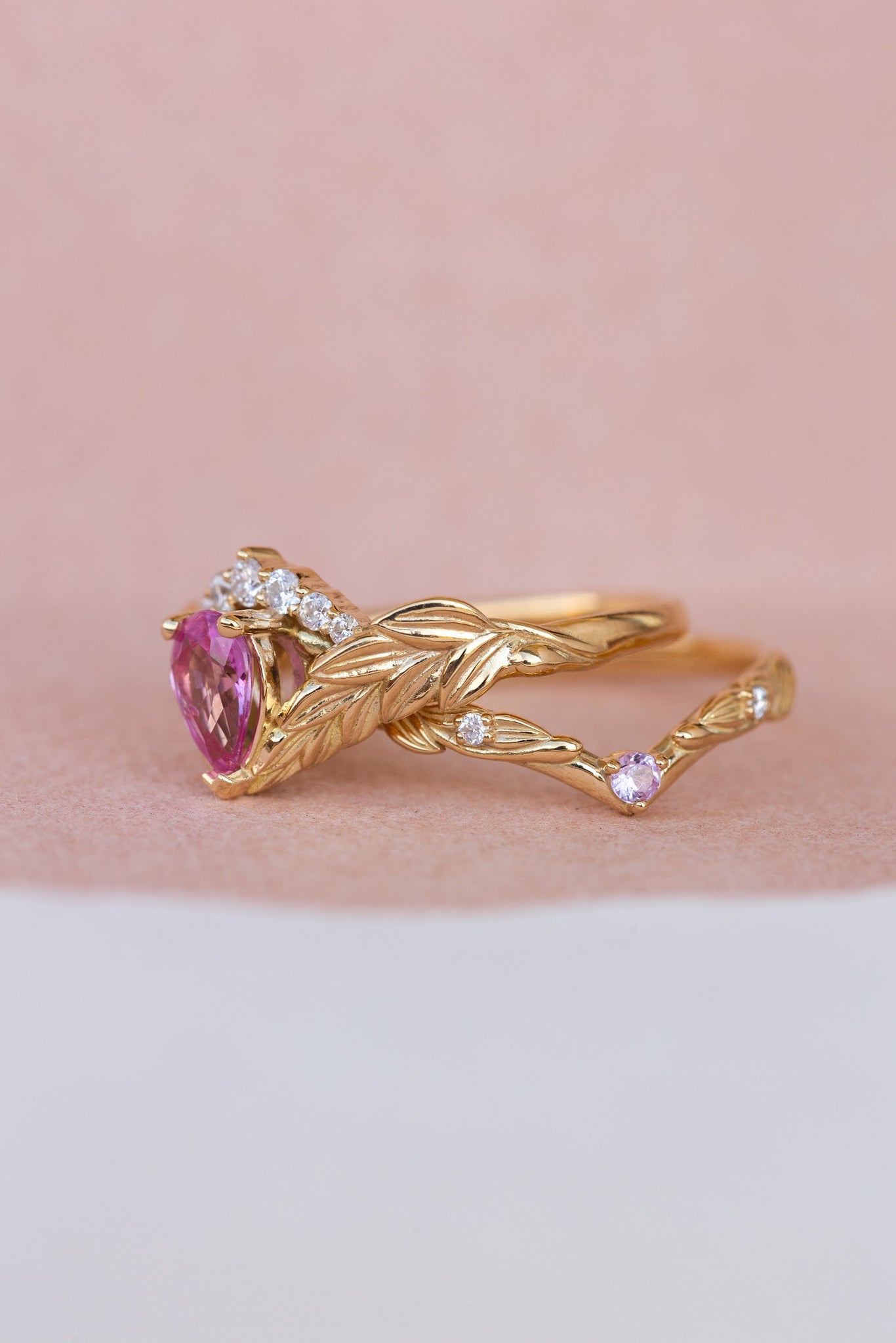 Genuine pink sapphire engagement ring set, gold palm leaves bridal ring set / Palmira Crown - Eden Garden Jewelry™