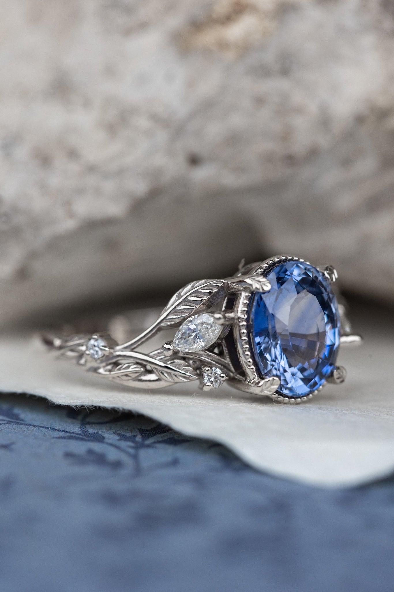 READY TO SHIP: Patricia ring in 14K white gold, natural blue sapphire 8x6 mm, accent natural diamonds, AVAILABLE RING SIZES: 6-8US - Eden Garden Jewelry™