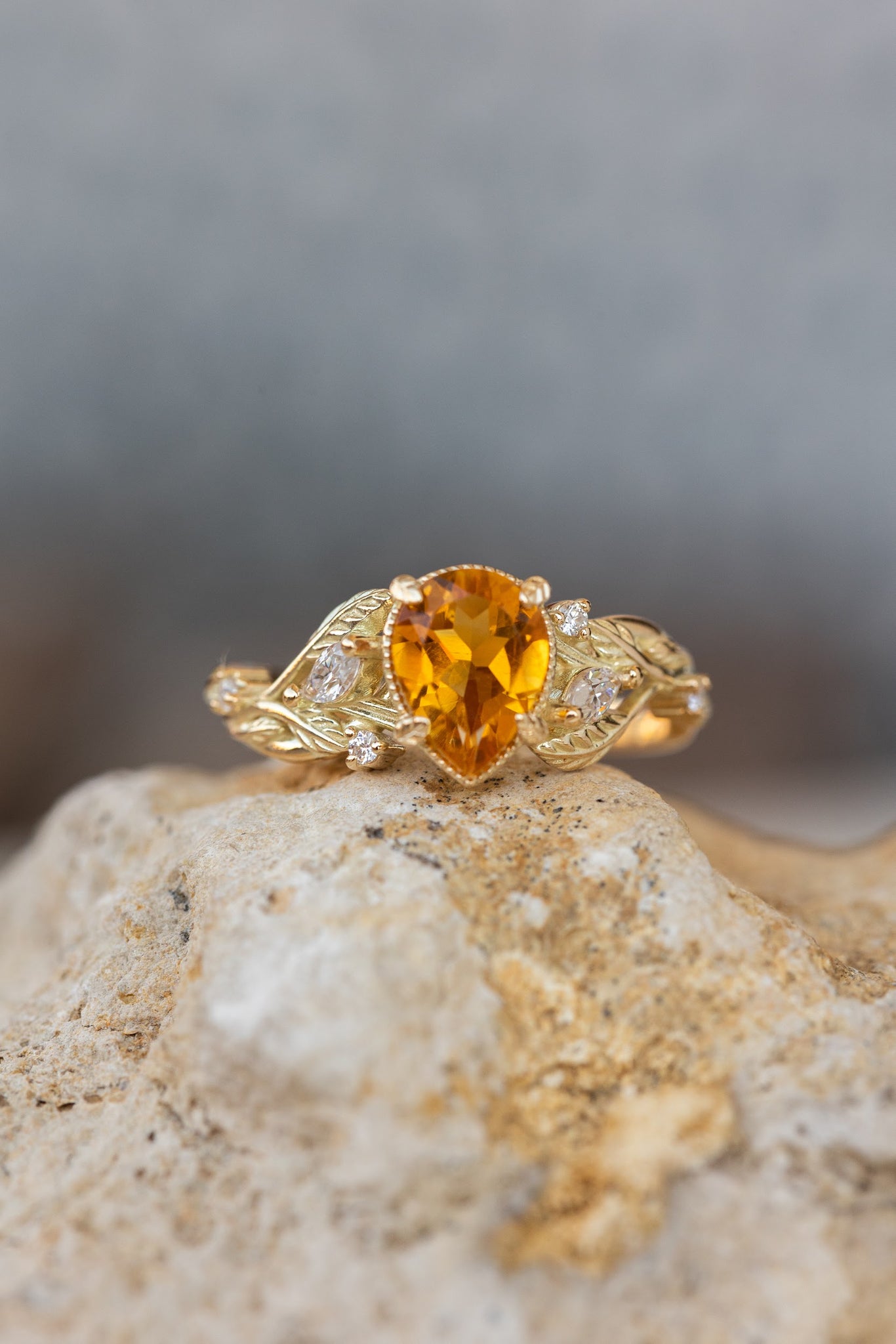 Natural citrine engagement ring, promise ring with leaves and diamonds / Patricia - Eden Garden Jewelry™