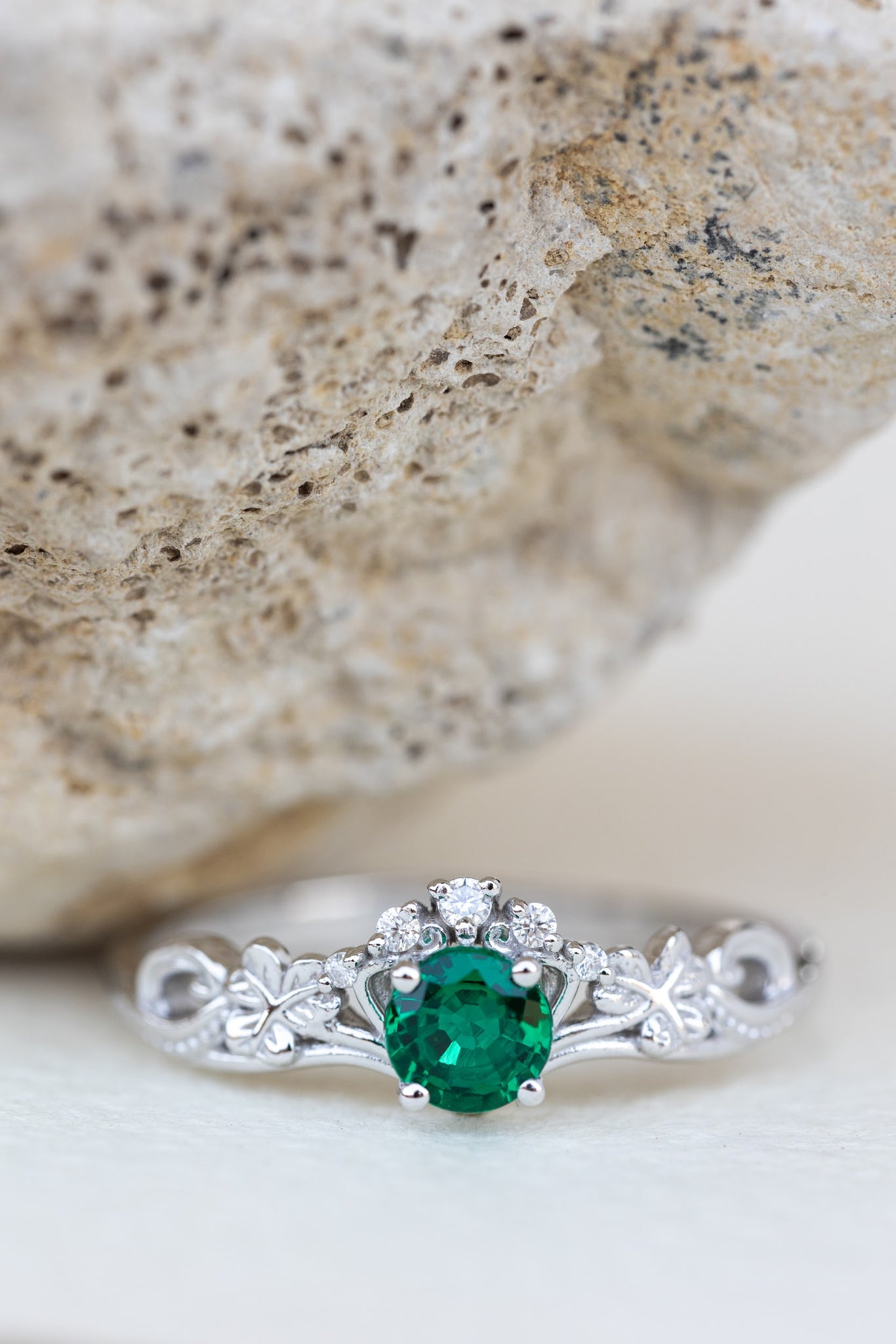 Lab emerald engagement ring set, white gold clover leaves bridal ring set / Horta - Eden Garden Jewelry™