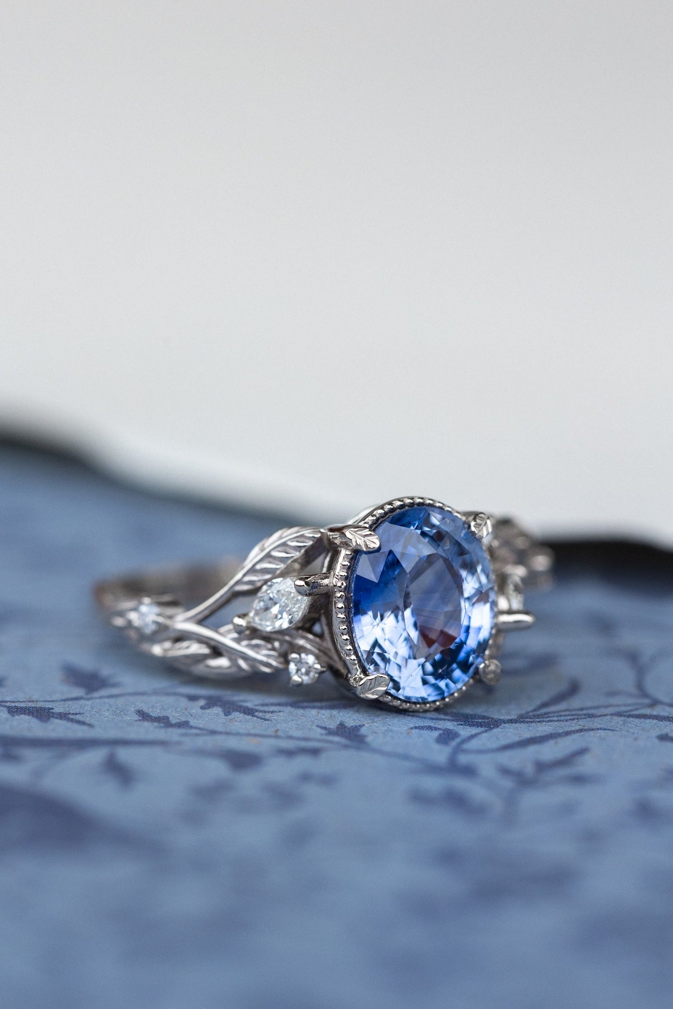 READY TO SHIP: Patricia ring in 14K white gold, natural blue sapphire 8x6 mm, accent natural diamonds, AVAILABLE RING SIZES: 6-8US - Eden Garden Jewelry™