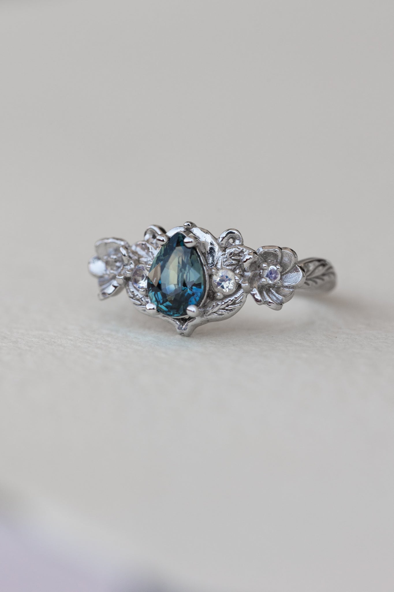 Teal sapphire and accent moonstones engagement ring, floral baroque style ring / Adelina - Eden Garden Jewelry™