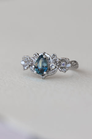 Teal sapphire and accent moonstones engagement ring, floral baroque style ring / Adelina - Eden Garden Jewelry™