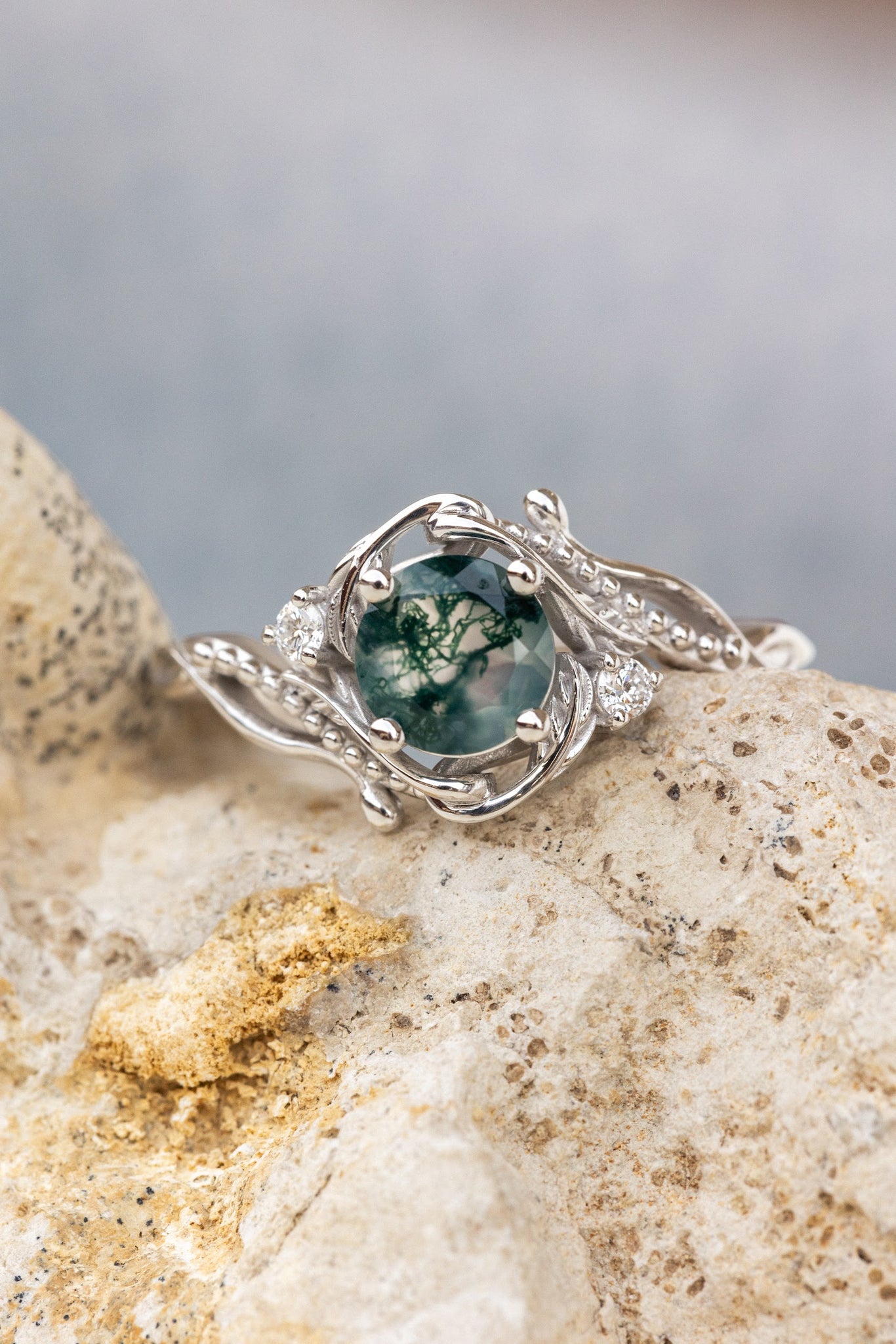 Natural moss agate engagement ring with accent diamonds, nature themed proposal gold ring with diamonds  / Undina - Eden Garden Jewelry™