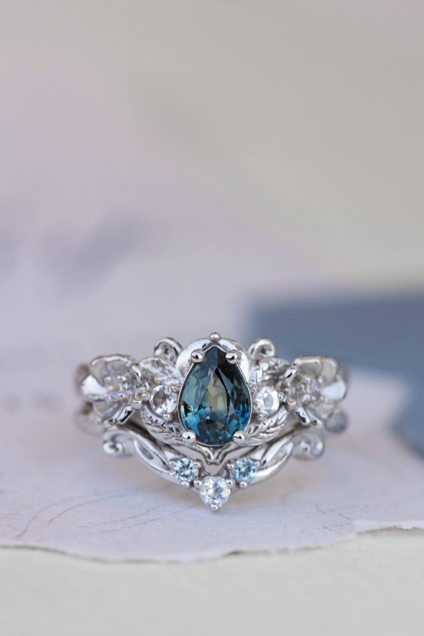 Teal sapphire and accent moonstones engagement ring, floral baroque style ring / Adelina - Eden Garden Jewelry™