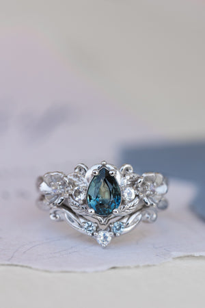 Teal sapphire and accent moonstones engagement ring, floral baroque style ring / Adelina - Eden Garden Jewelry™