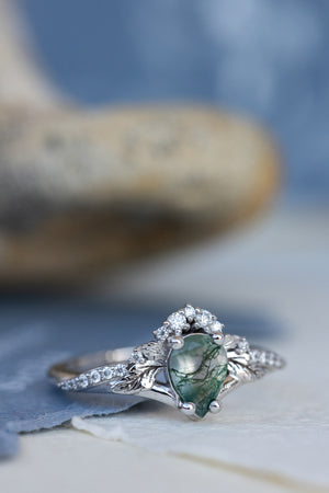 Rutile moss agate engagement ring, diamond crown proposal ring with moss agate / Amelia - Eden Garden Jewelry™