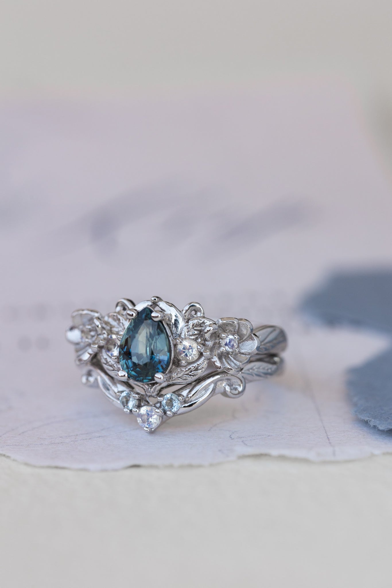 Teal sapphire and accent moonstones engagement ring, floral baroque style ring / Adelina - Eden Garden Jewelry™