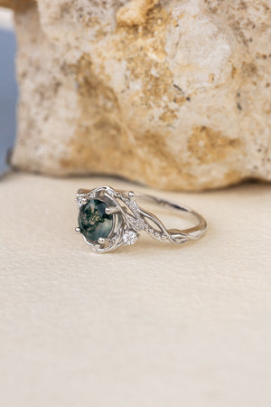 Natural moss agate engagement ring with accent diamonds, nature themed proposal gold ring with diamonds  / Undina - Eden Garden Jewelry™