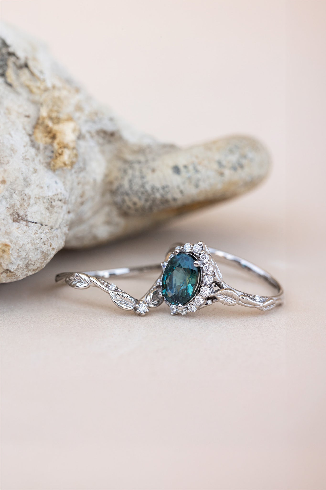 READY TO SHIP: Florentina ring in 14K white gold, natural teal sapphire oval cut 8x6 mm, accent lab grown diamonds, RING SIZE: 4.5 - 7.5 US