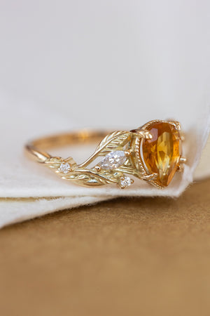 Natural citrine engagement ring, promise ring with leaves and diamonds / Patricia - Eden Garden Jewelry™