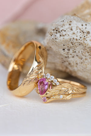 Wedding rings set for couple: palm leaf wedding band for him, Palmira crown ring set with natural pink sapphire for her - Eden Garden Jewelry™