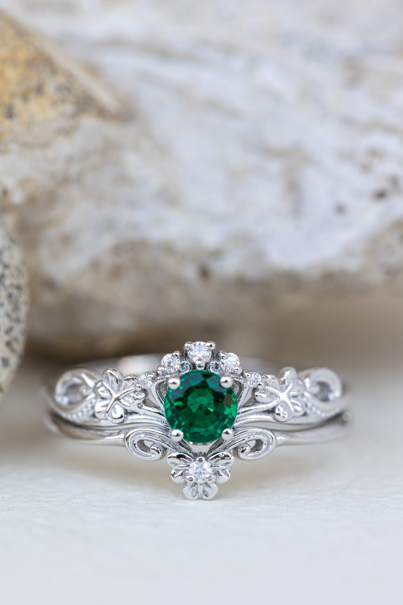 Lab emerald engagement ring set, white gold clover leaves bridal ring set / Horta - Eden Garden Jewelry™